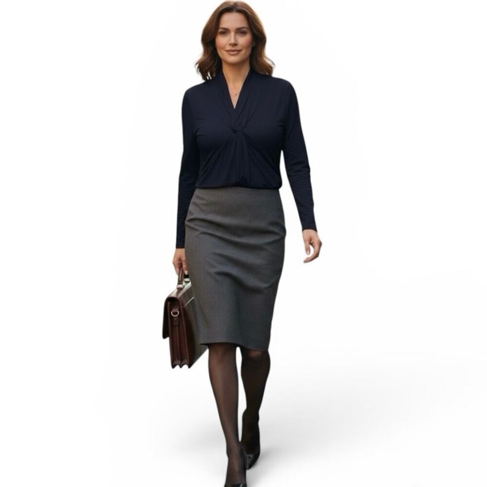 NWT$58 Grace The Perfect Fit Size XL Navy Blue V Neck Career Blouse Long Sleeve